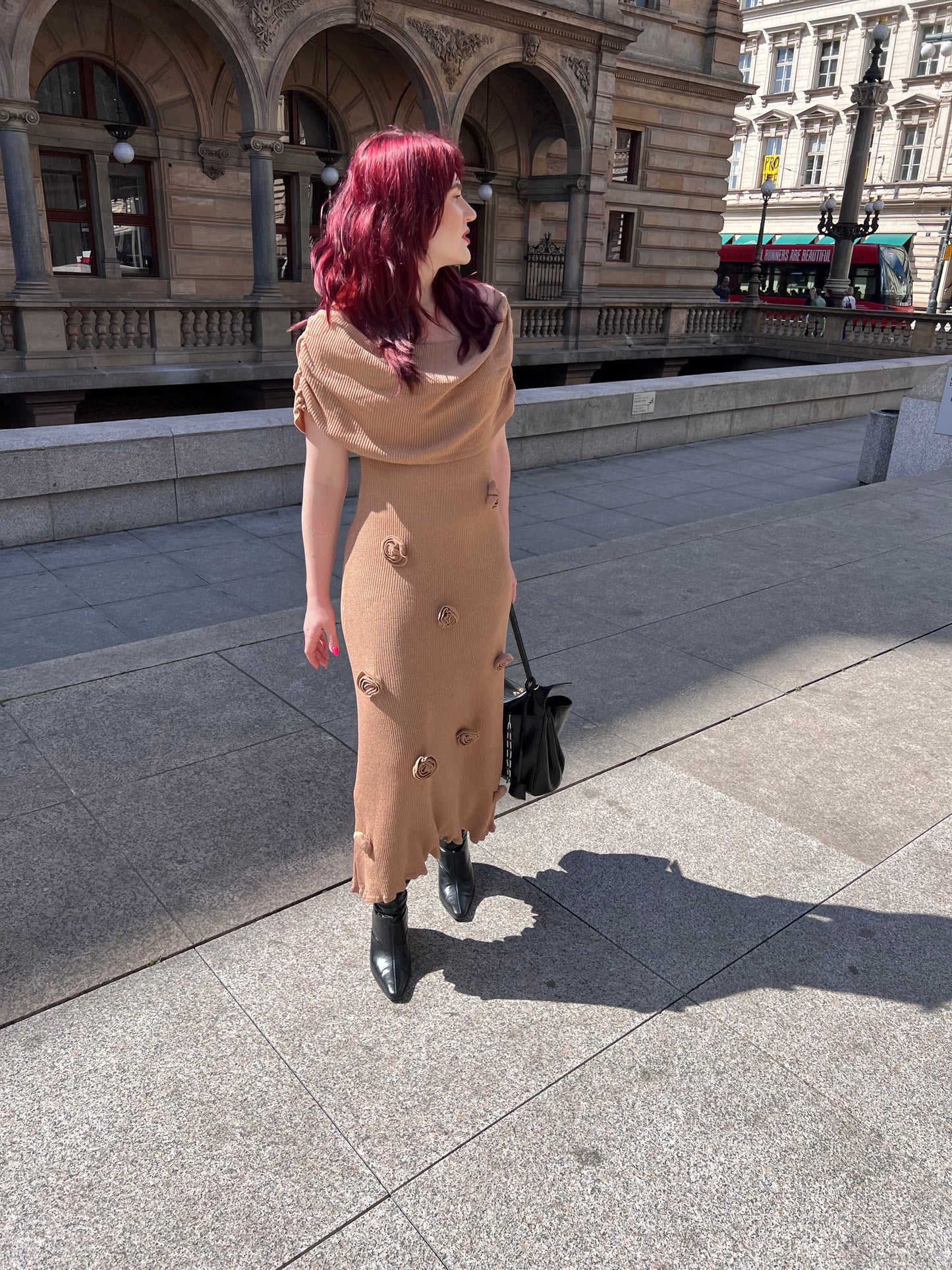 Beige Dress with Rose Appliqués