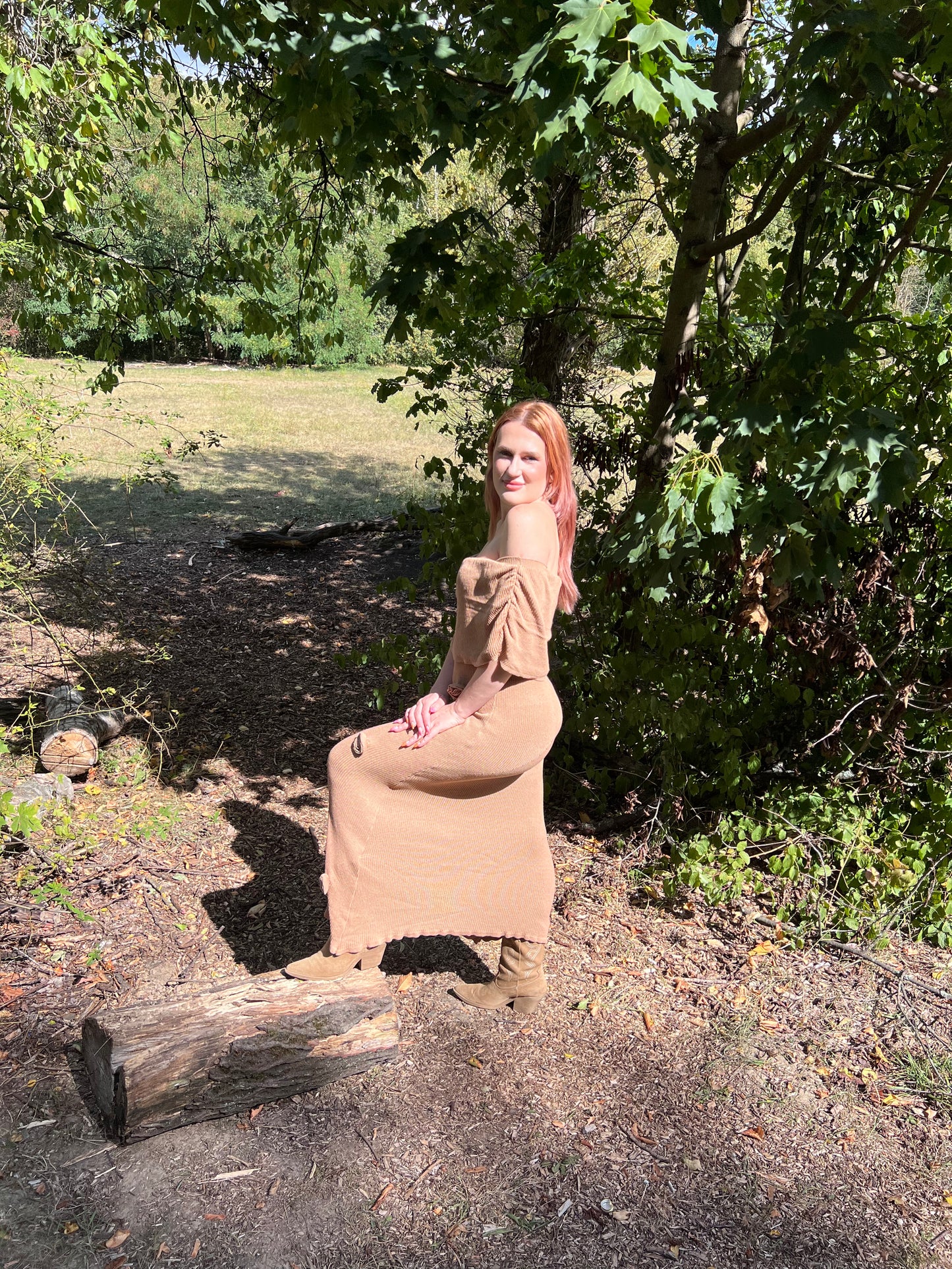 Beige Dress with Rose Appliqués