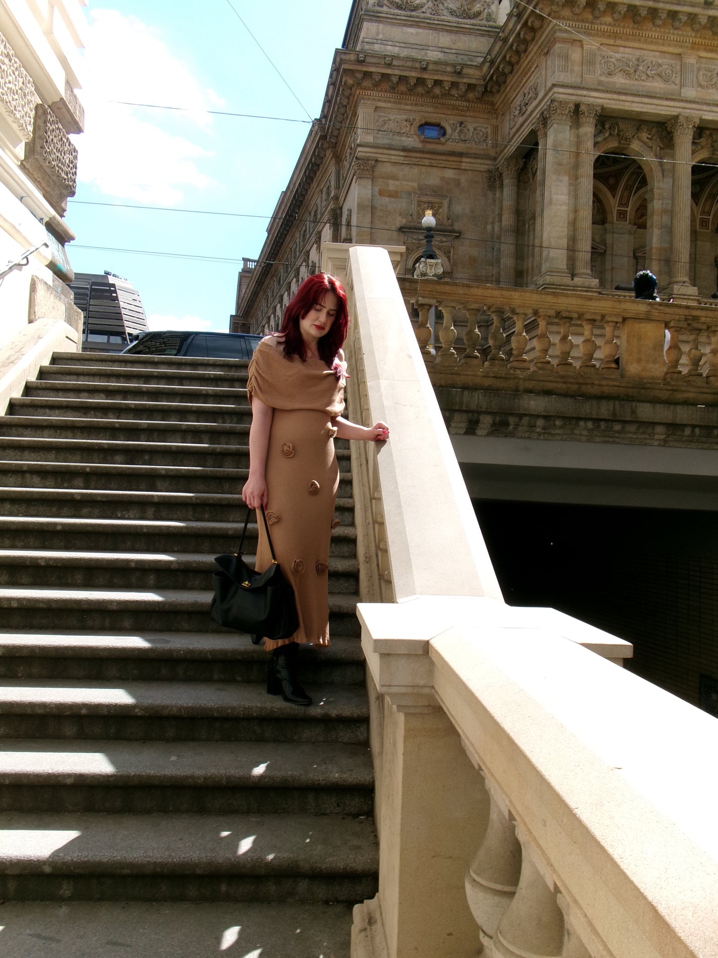 Beige Dress with Rose Appliqués