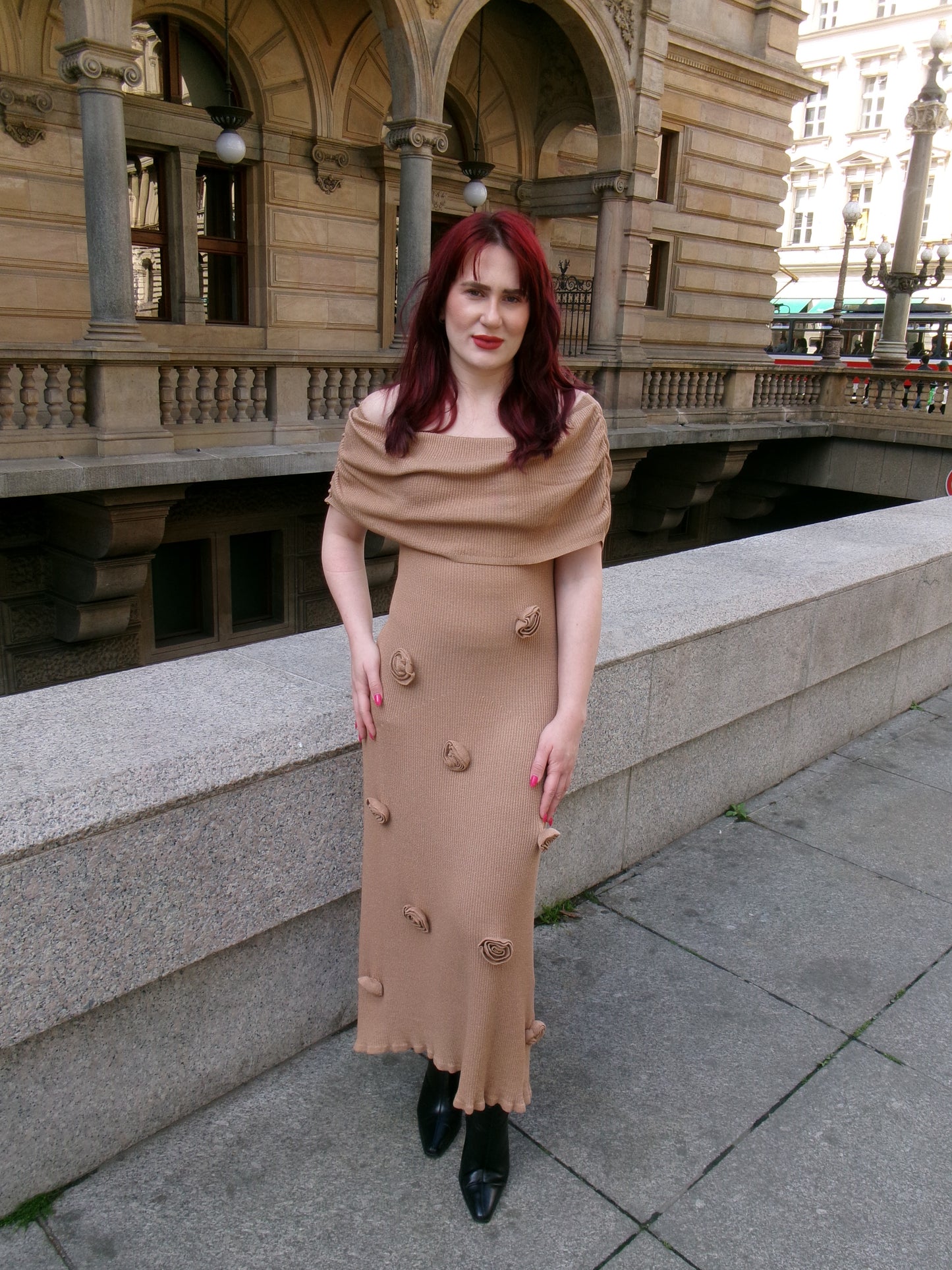 Beige Dress with Rose Appliqués