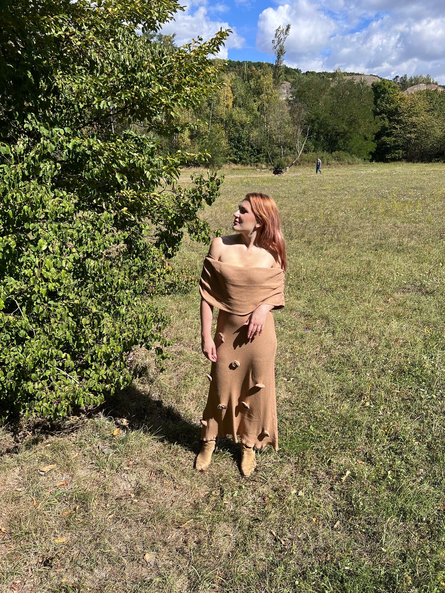Beige Dress with Rose Appliqués
