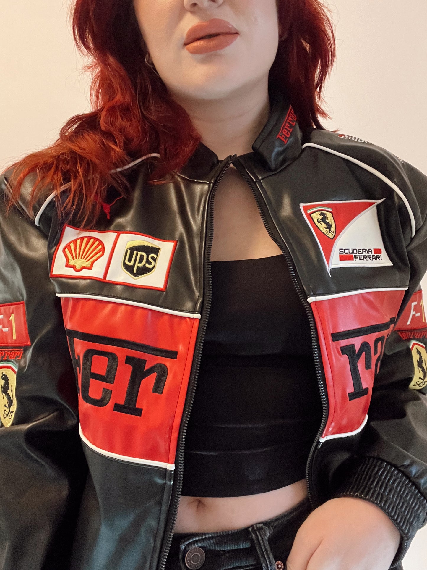 Vintage Ferrari Embroidered Faux Leather Jacket
