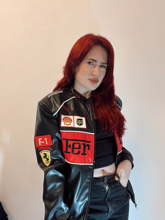 Vintage Ferrari Embroidered Faux Leather Jacket