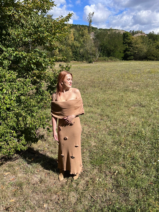 Beige Dress with Rose Appliqués