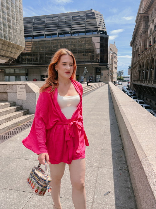 Fuchsia Jacquard Kimono & Shorts Set