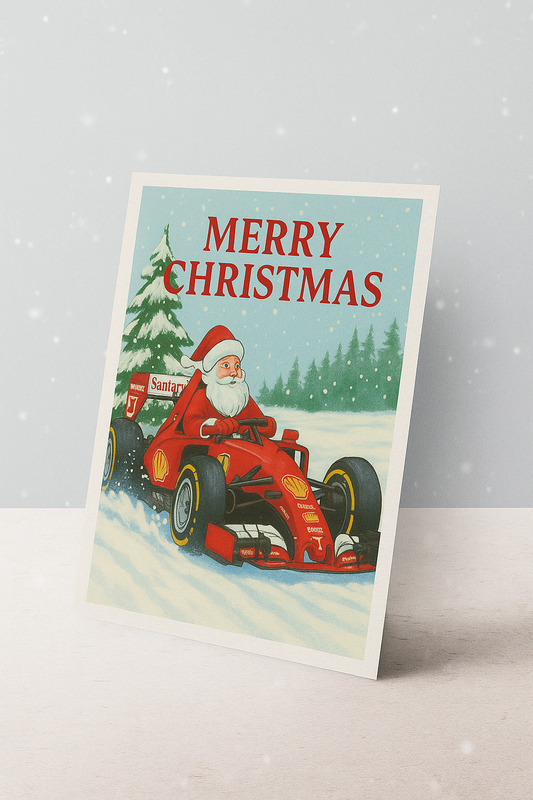 Classic F1 Christmas Card – Santa Driving Ferrari