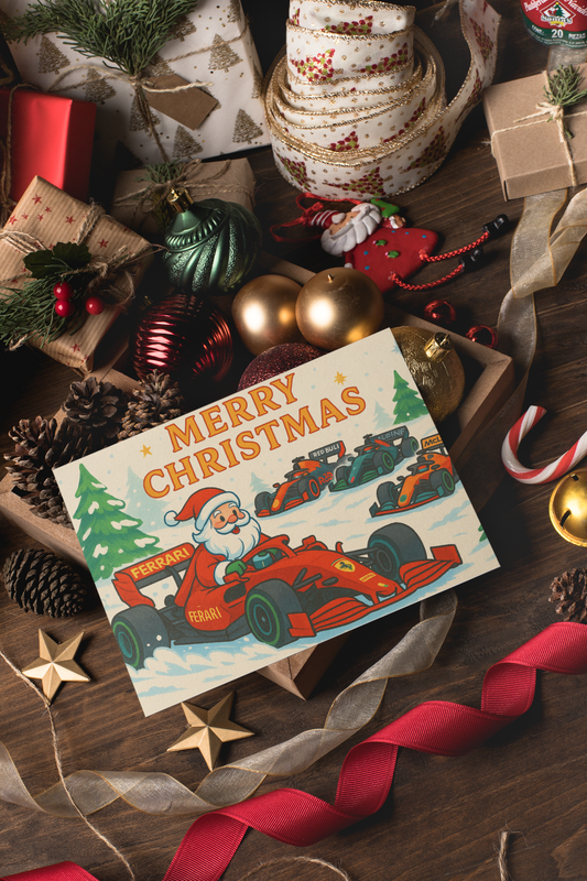 Retro F1 Christmas Card – Santa Racing Ferrari