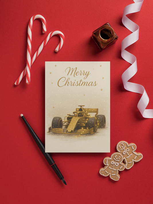 Golden F1 Christmas Card – Luxury Formula 1 Holiday