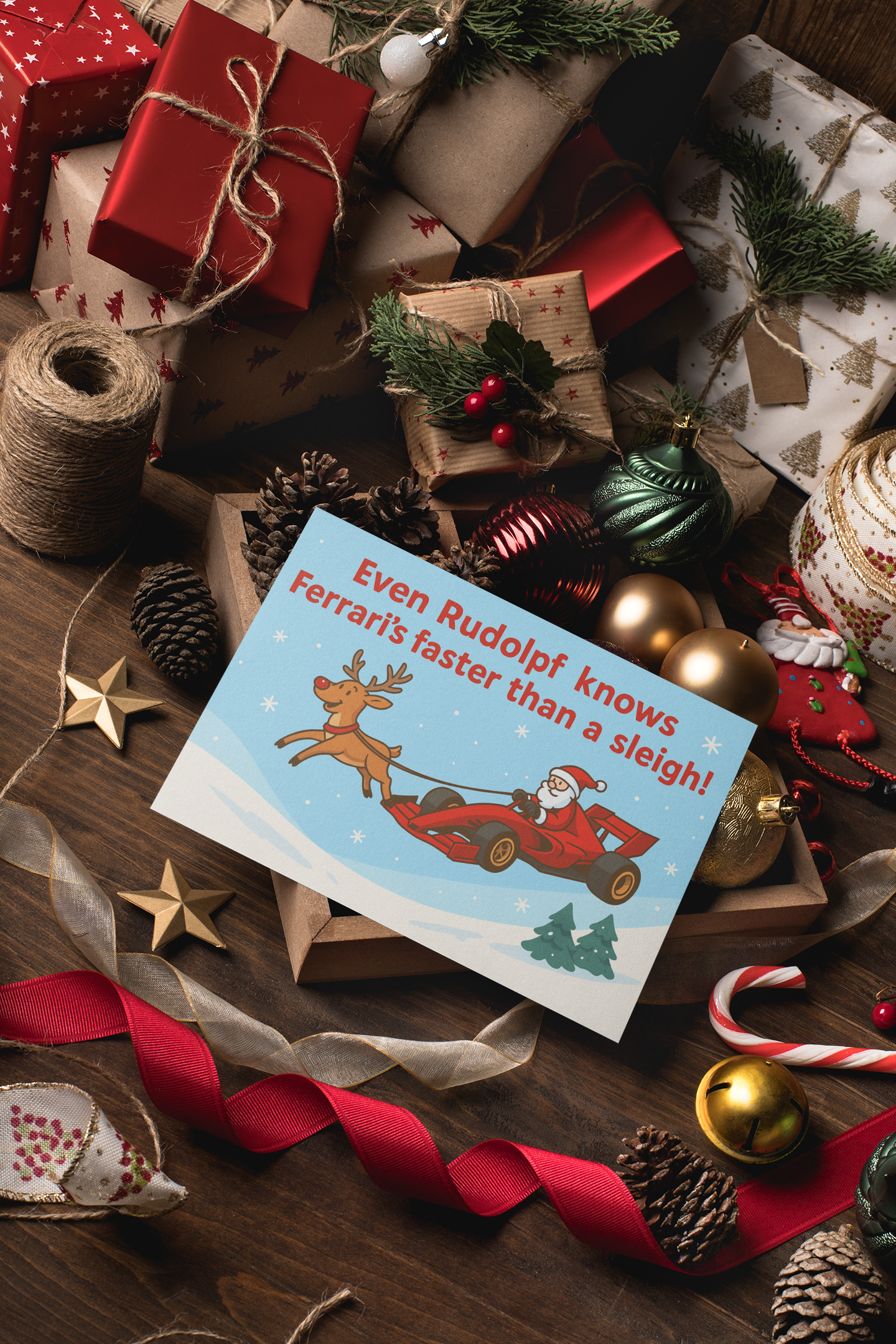 Funny F1 Christmas Card – Santa & Ferrari “Even Rudolf Knows Ferrari’s Faster”